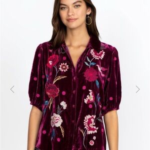 Johnny Was Burgundy Floral Embroidered Blouse